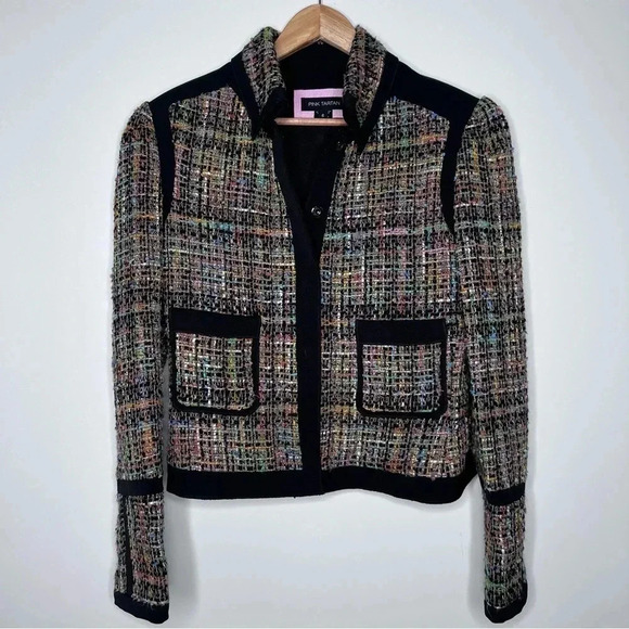 Pink Tartan Jackets & Blazers - Pink Tartan Black and Multicolor Tweed Blazer